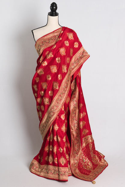 Hand Embroidery Crepe Banarasi Saree in Red.