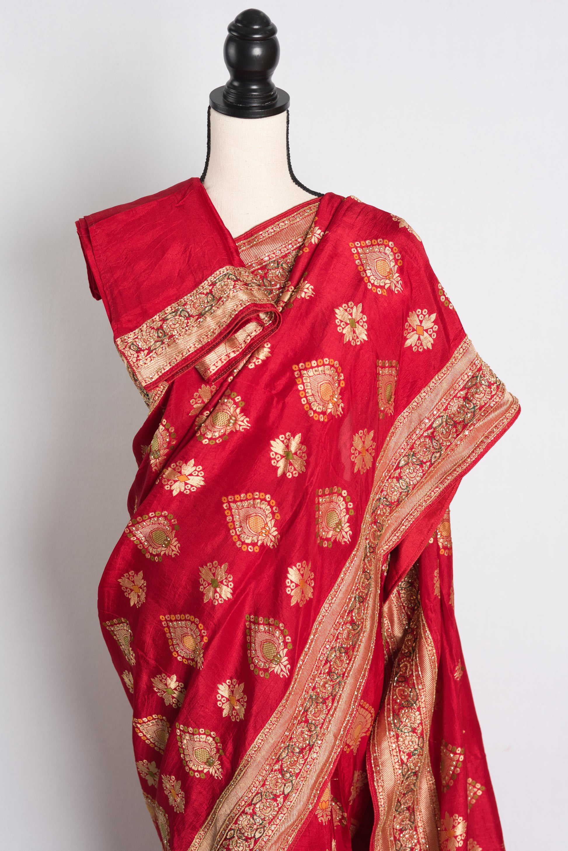 Hand Embroidery Crepe Banarasi Saree in Red.