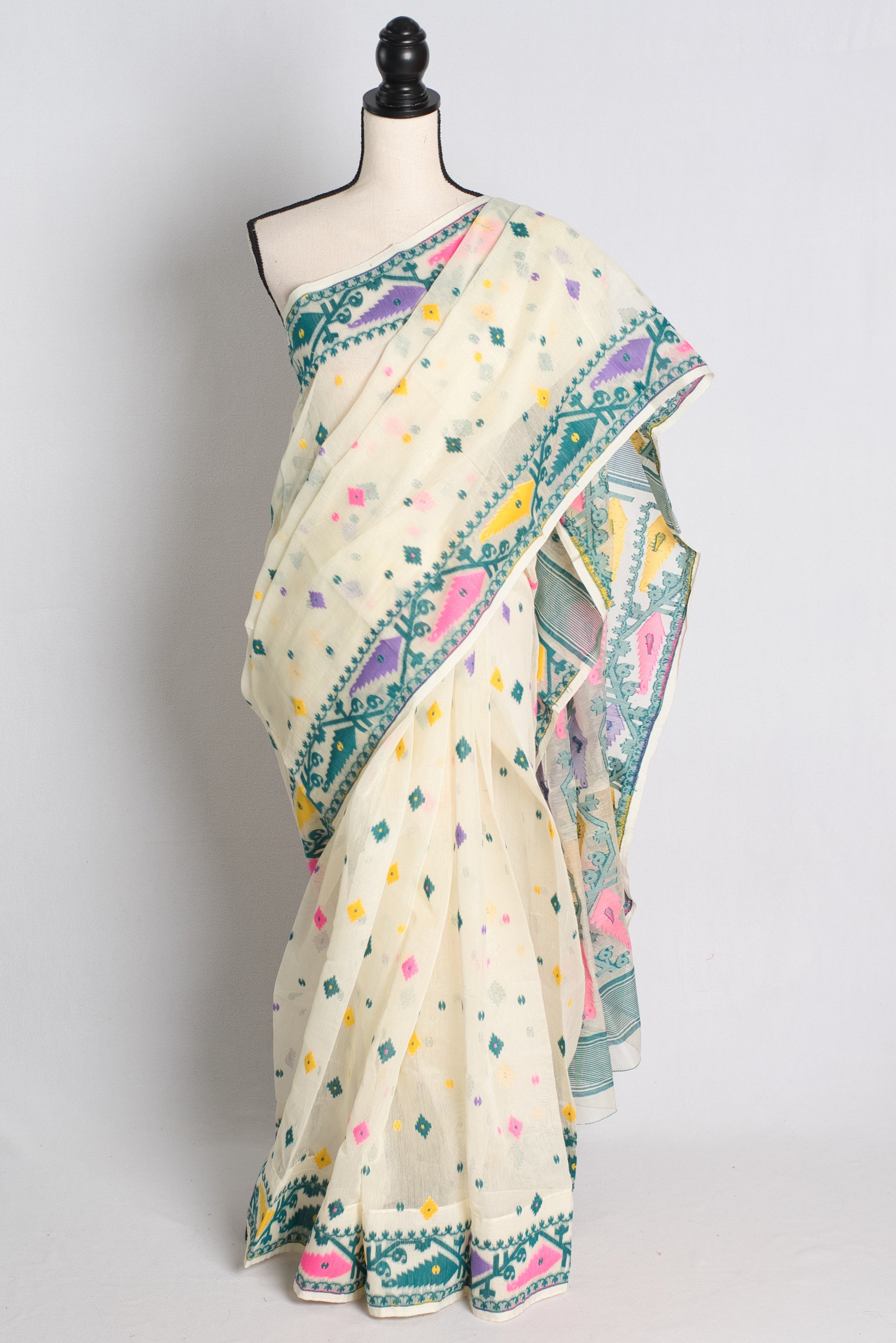 Soft Jamdani Saree in Off White and Green.