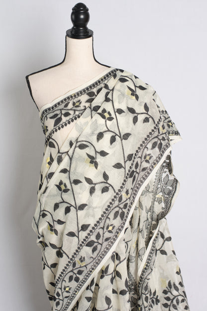 Soft Jamdani Saree in Off White and Black.