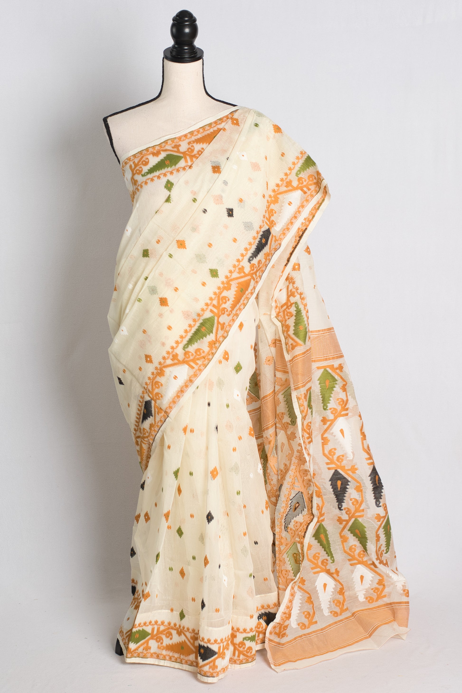 Soft Jamdani Saree in Off White and Brown.