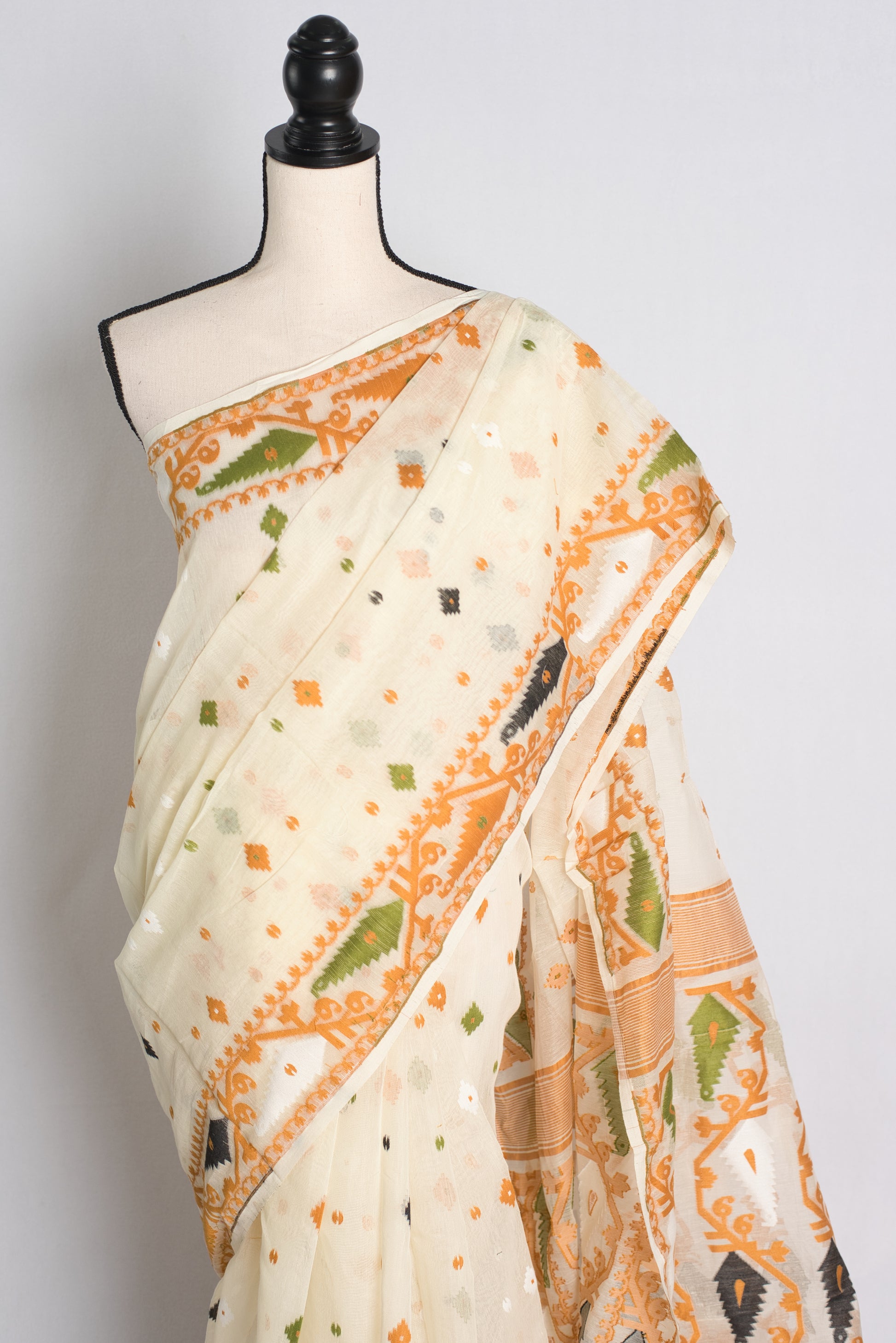 Soft Jamdani Saree in Off White and Brown.