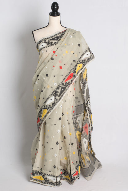 Soft Jamdani Saree in Light Gray and Black.