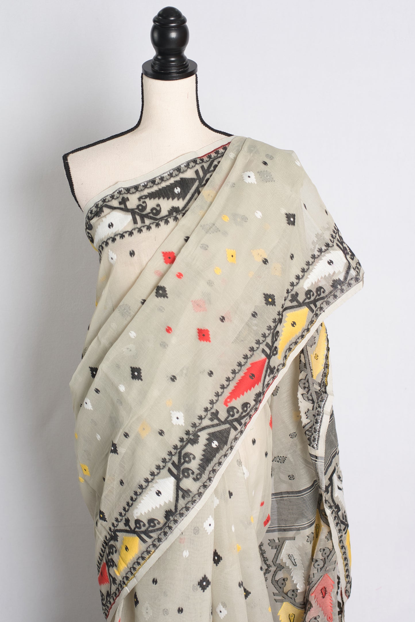 Soft Jamdani Saree in Light Gray and Black.