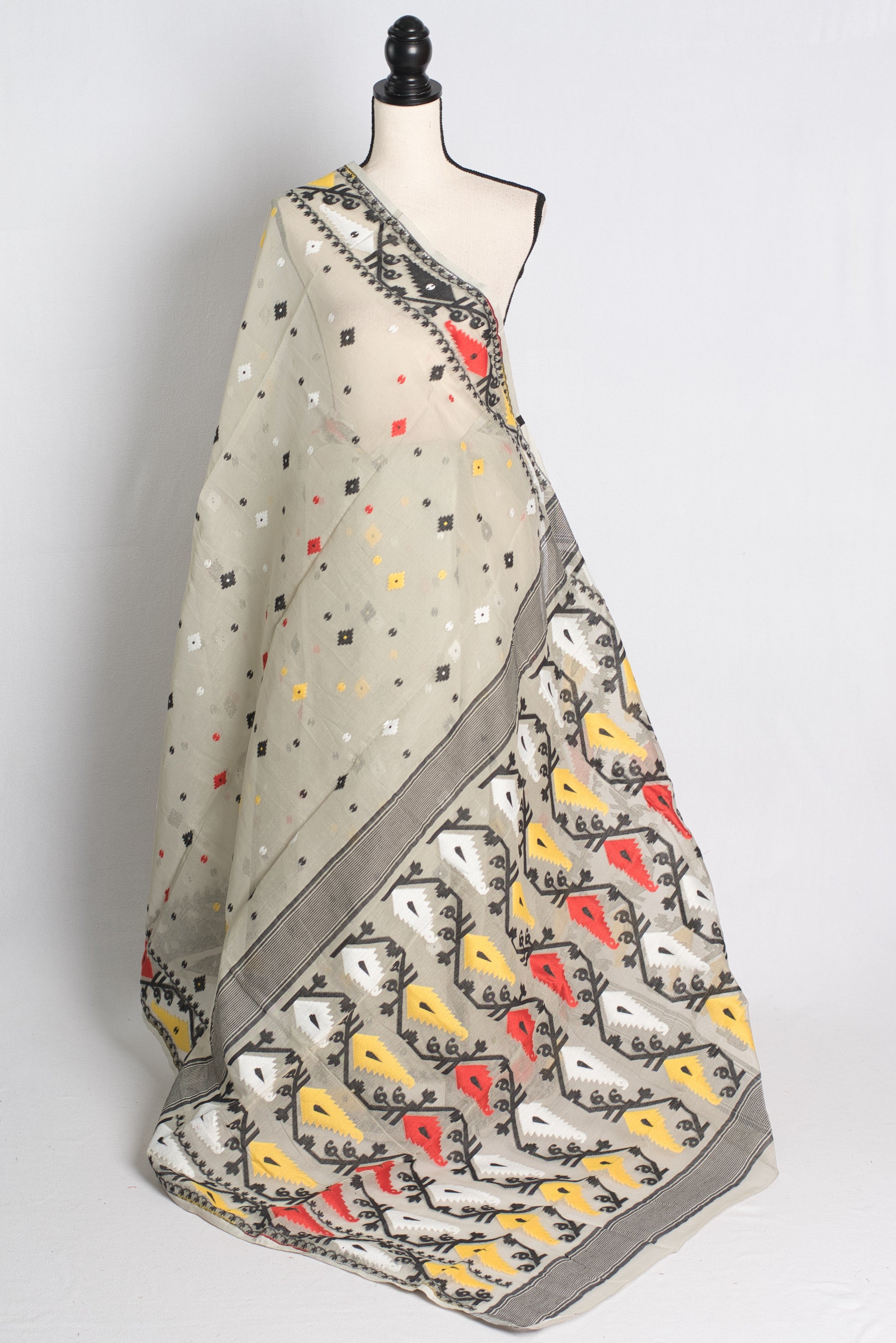 Soft Jamdani Saree in Light Gray and Black.