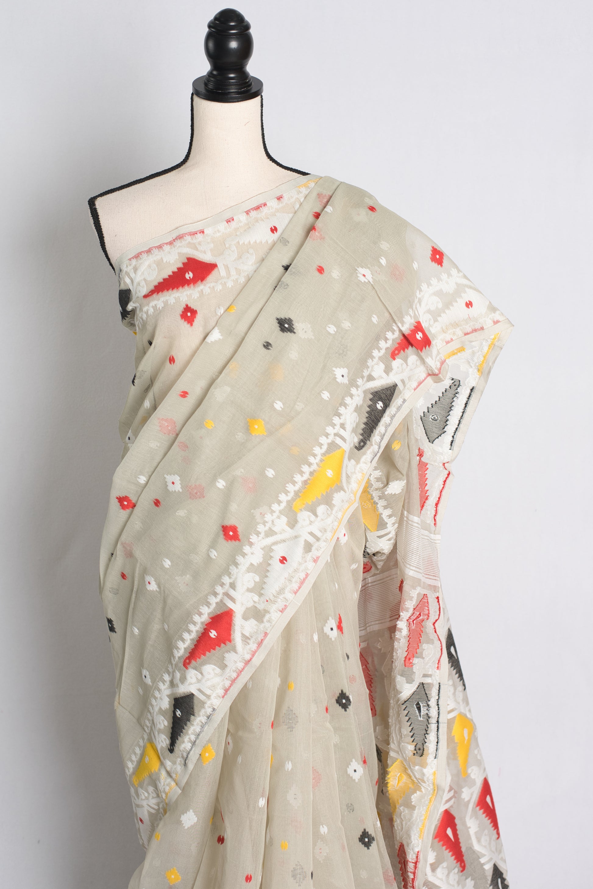 Soft Jamdani Saree in Light Gray and White.