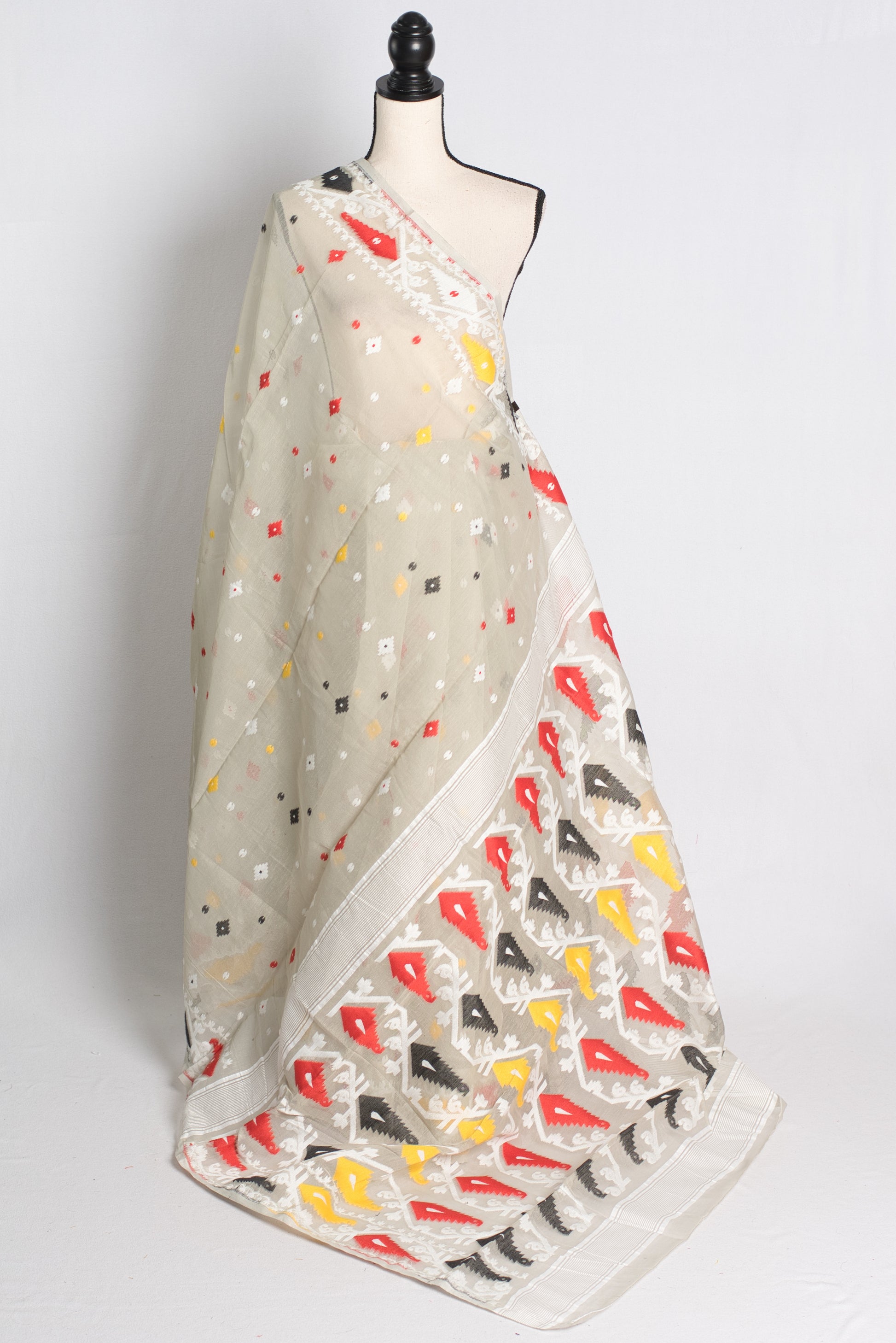 Soft Jamdani Saree in Light Gray and White.