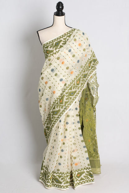 Soft Jamdani Saree in Off White, Green and Yellow.