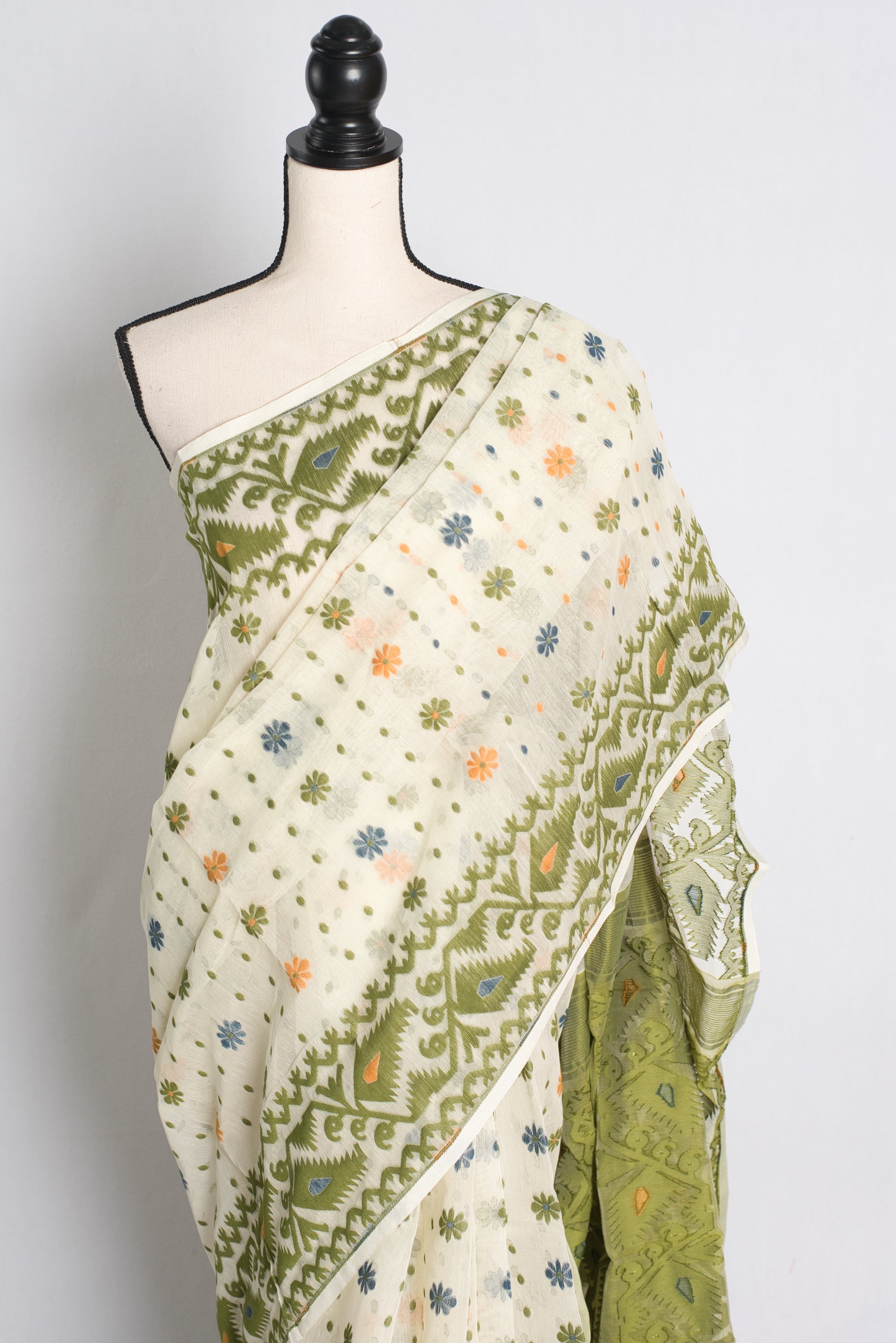 Soft Jamdani Saree in Off White, Green and Yellow.