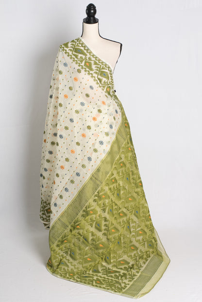 Soft Jamdani Saree in Off White, Green and Yellow.