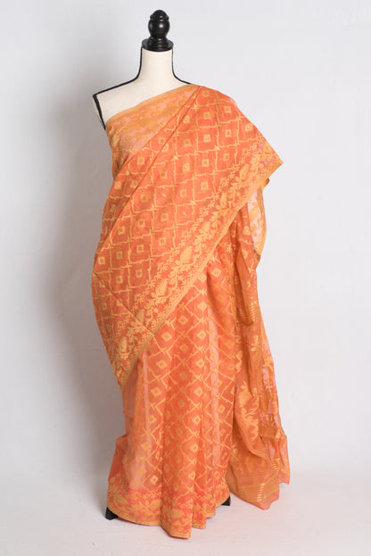 Soft Jamdani Saree in Light Orange and Beige.