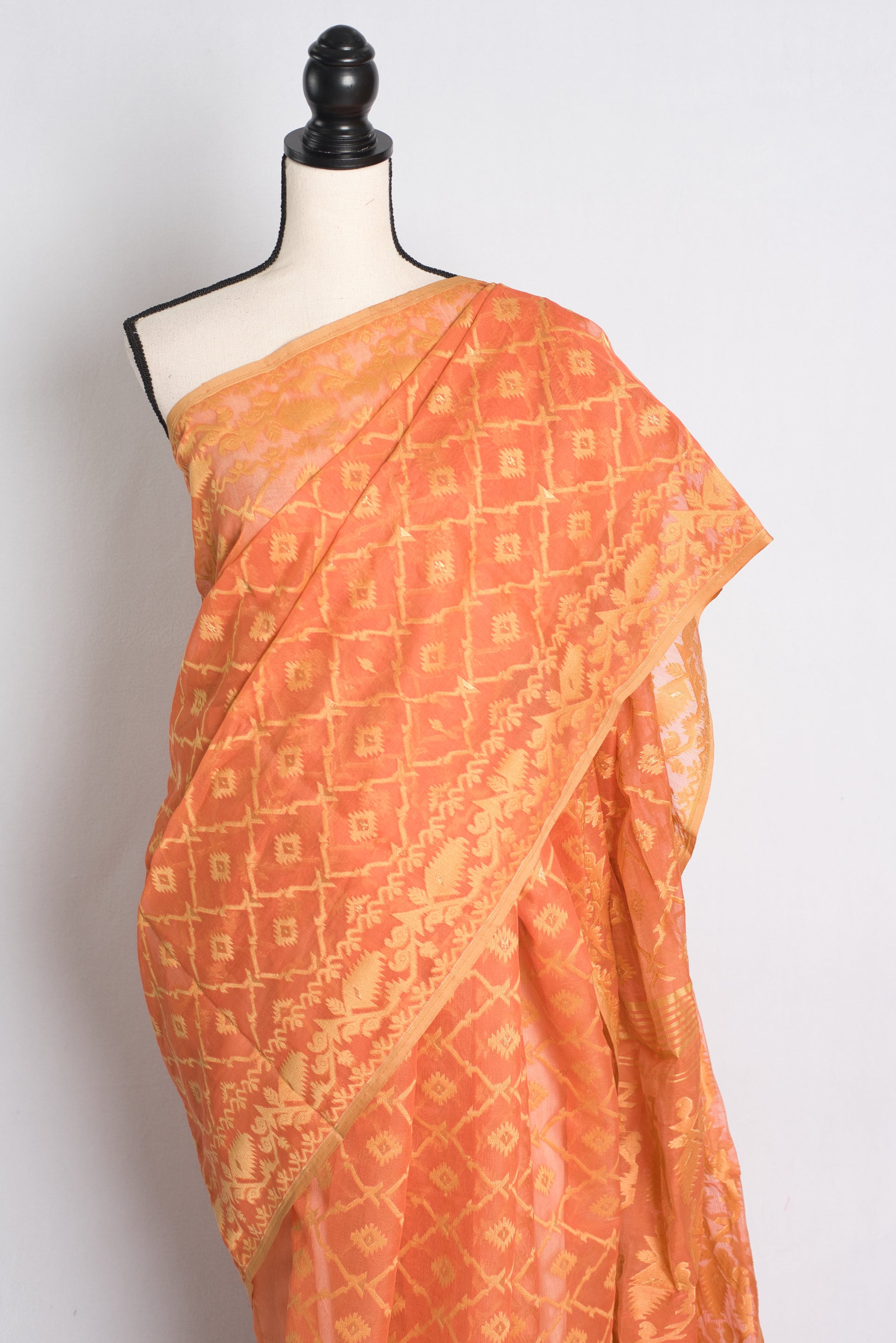 Soft Jamdani Saree in Light Orange and Beige.