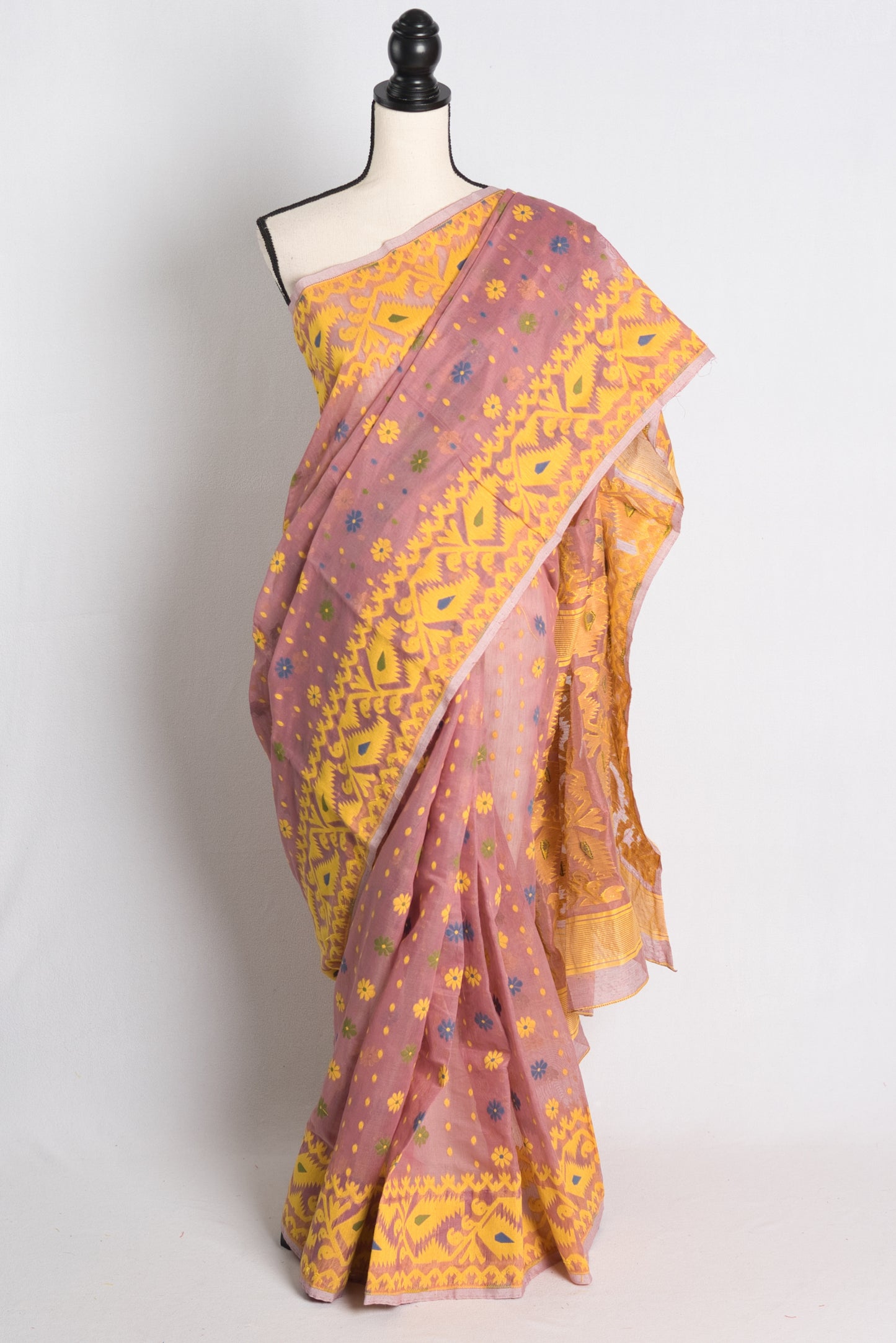 Soft Jamdani Saree in English Purple and Yellow.