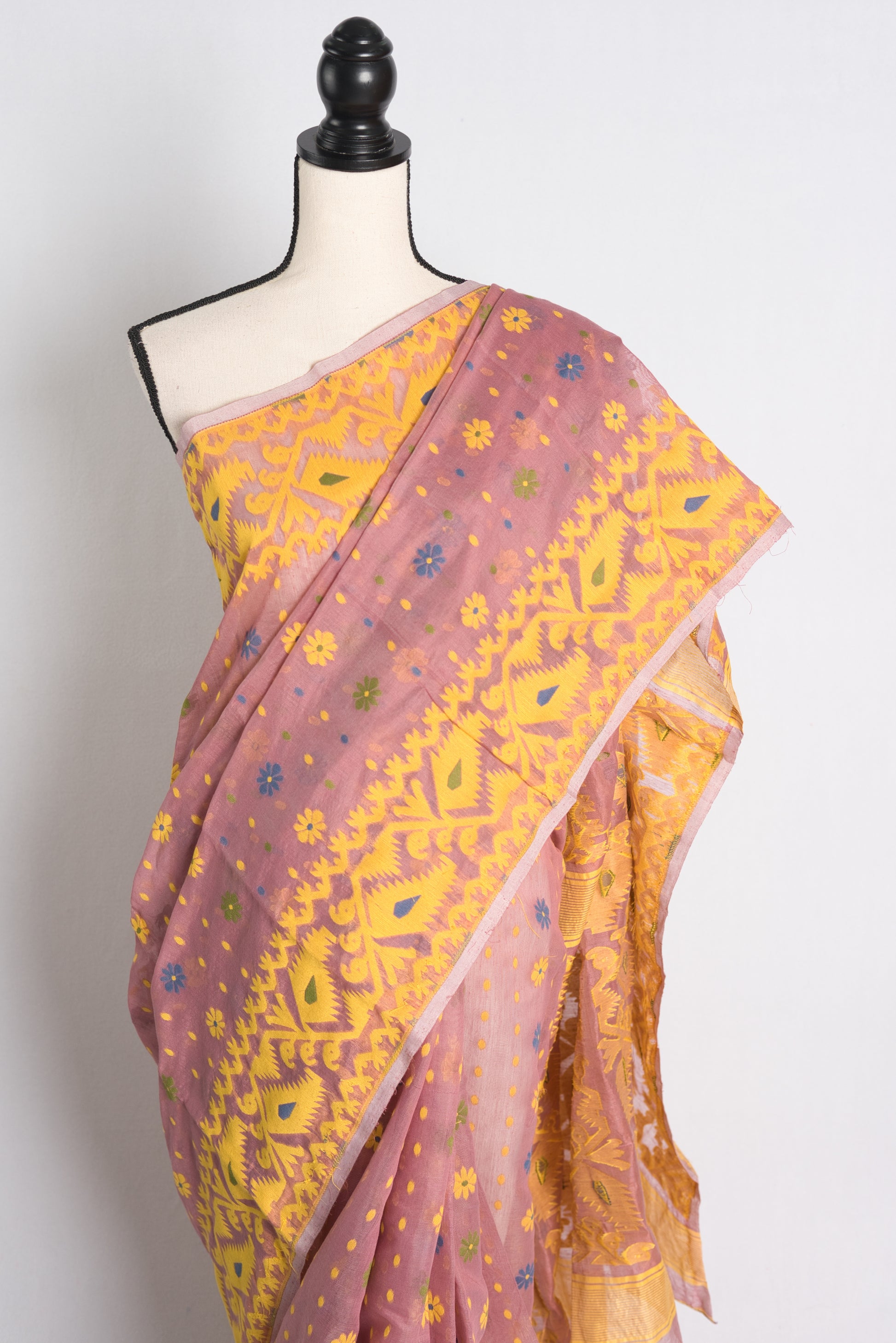 Soft Jamdani Saree in English Purple and Yellow.