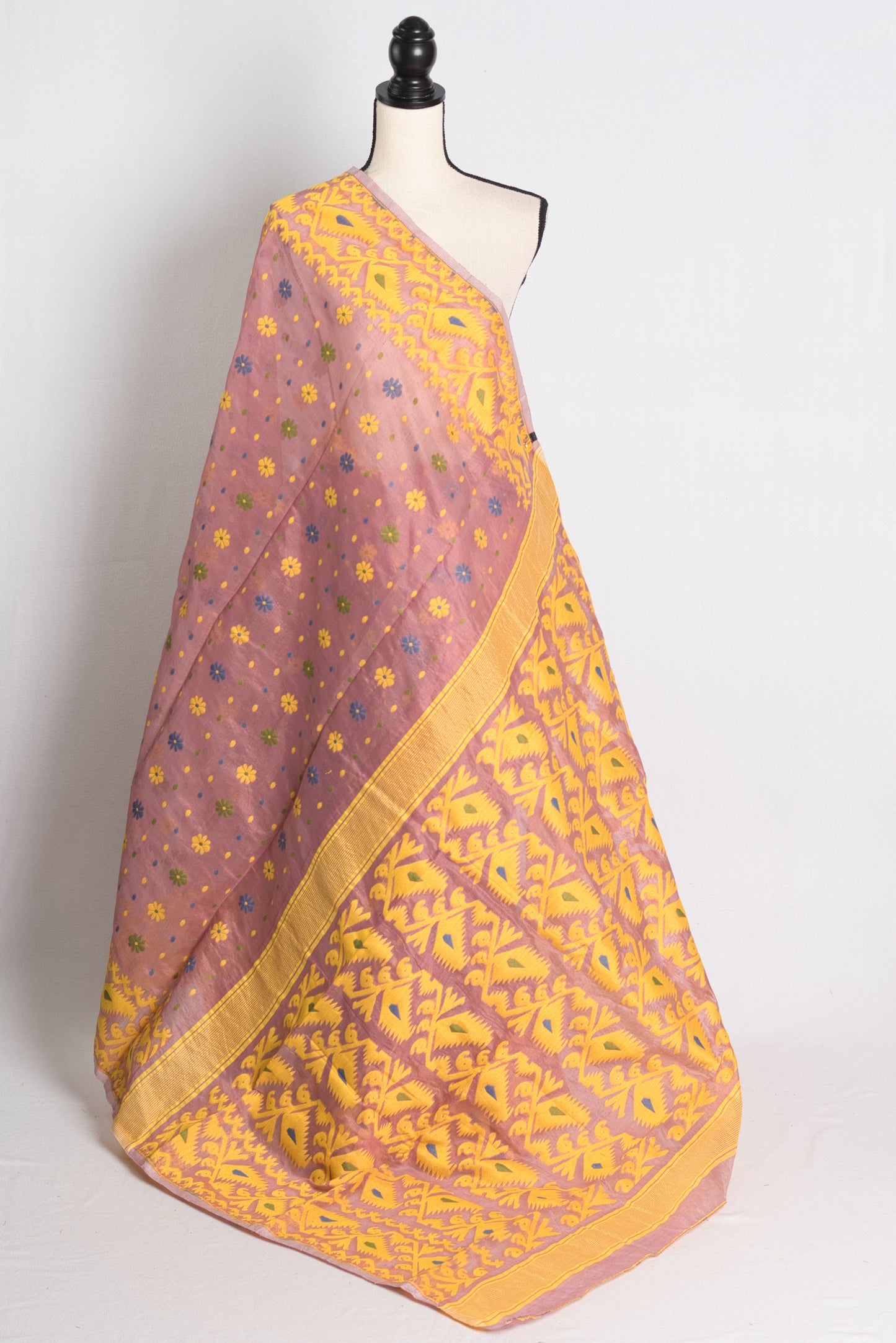 Soft Jamdani Saree in English Purple and Yellow.