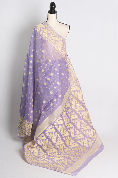 Soft Jamdani Saree in Mauve and Light Yellow.