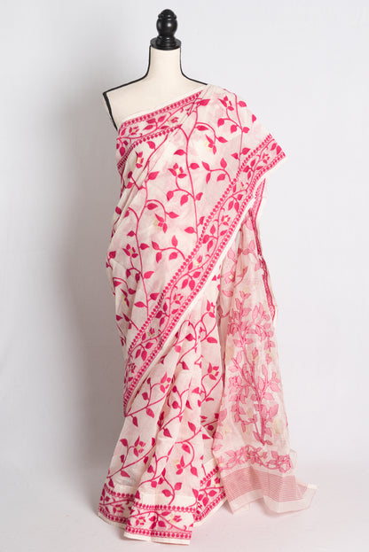 Soft Jamdani Saree in Off White and Dark Pink.