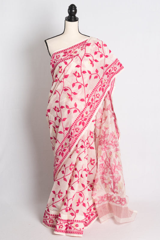 Soft Jamdani Saree in Off White and Dark Pink.