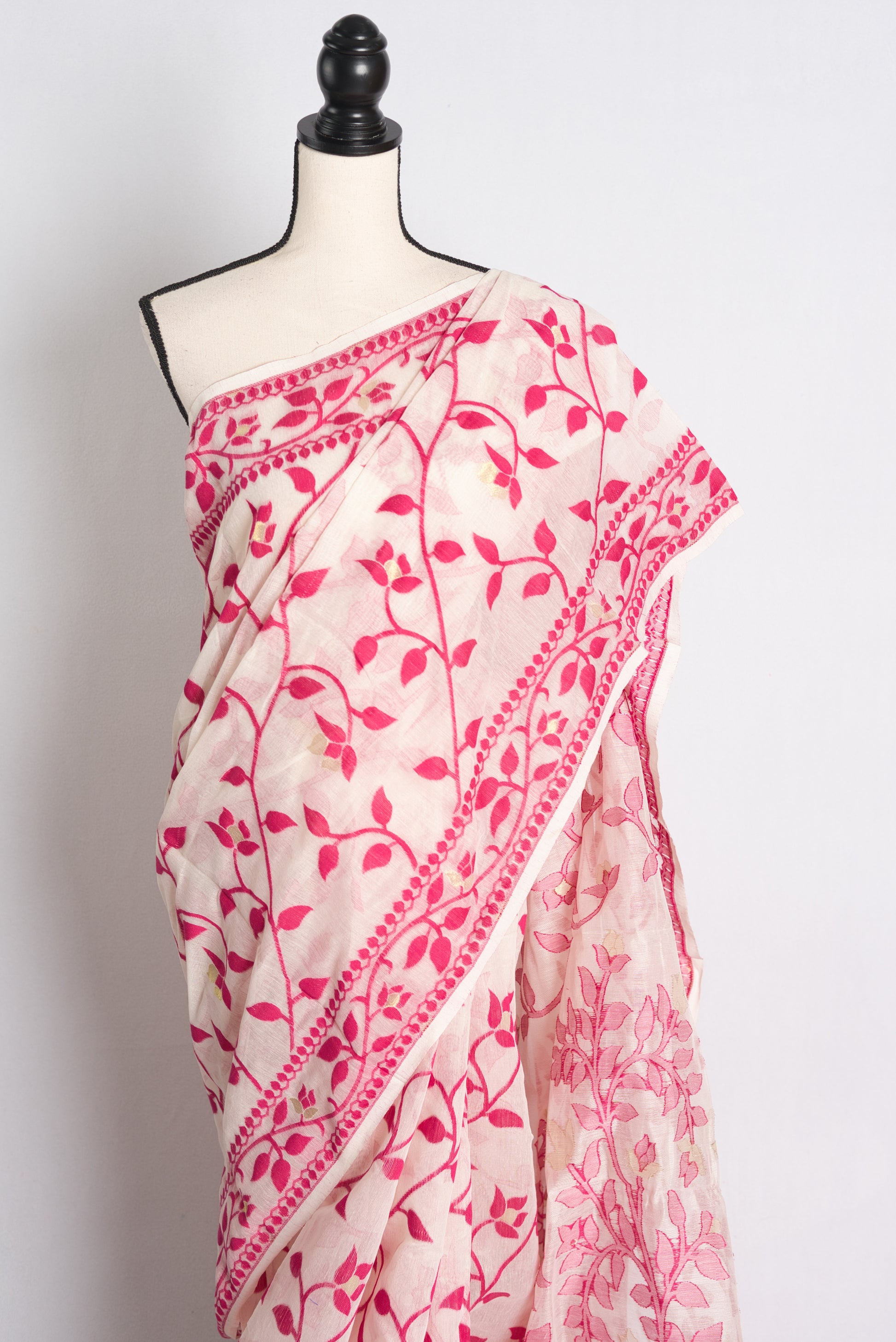 Soft Jamdani Saree in Off White and Dark Pink.