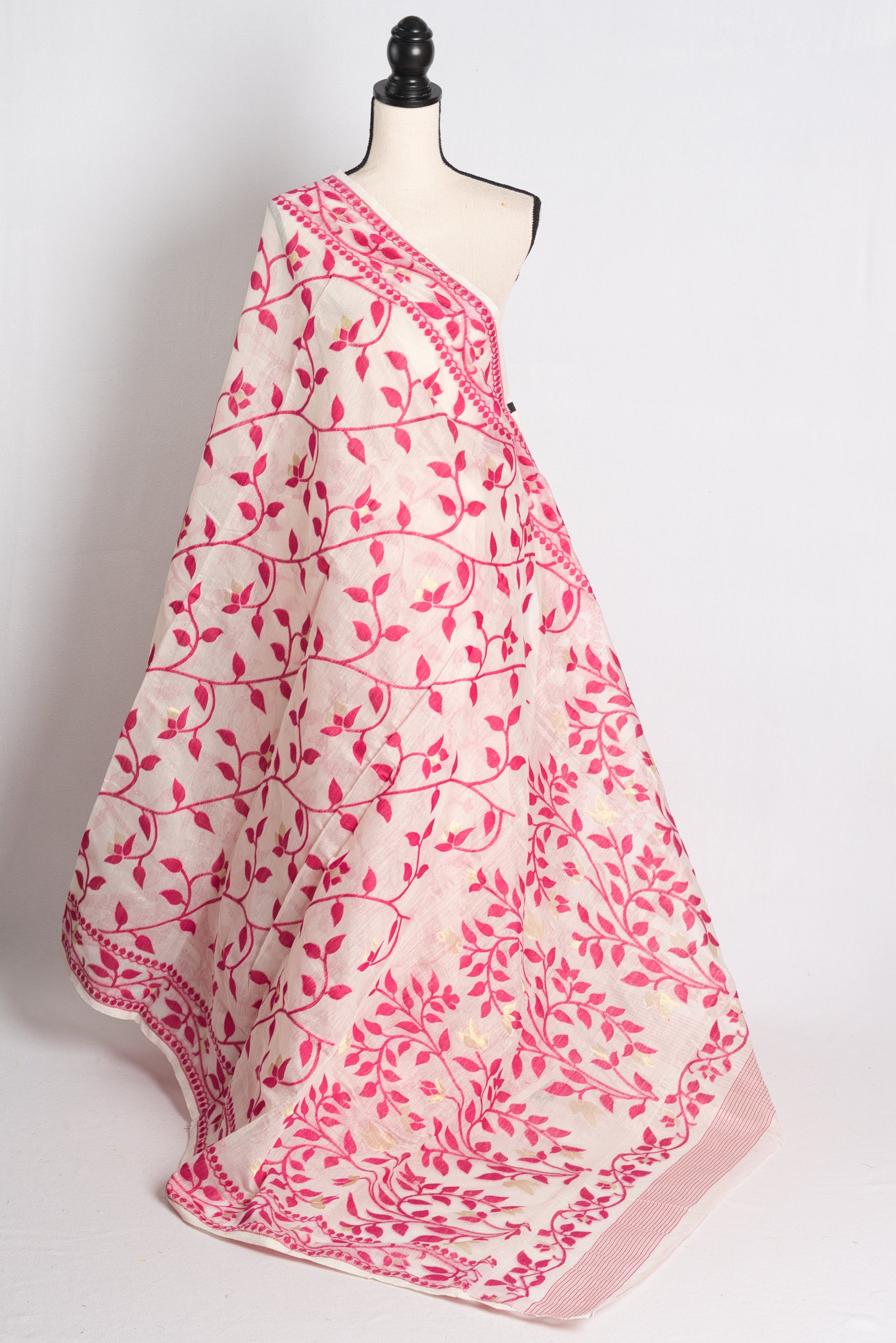 Soft Jamdani Saree in Off White and Dark Pink.