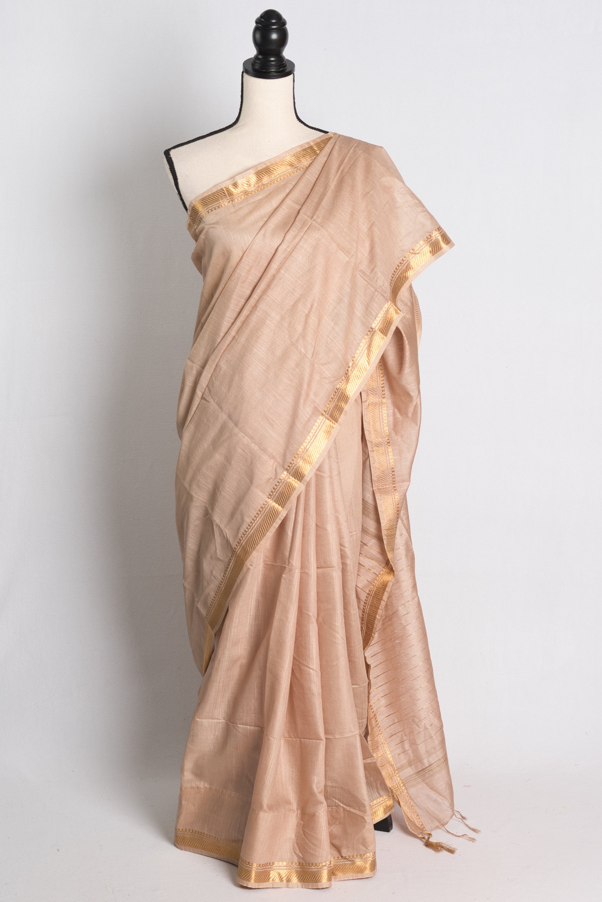 Semi Tussar Saree in Beige and Gold.