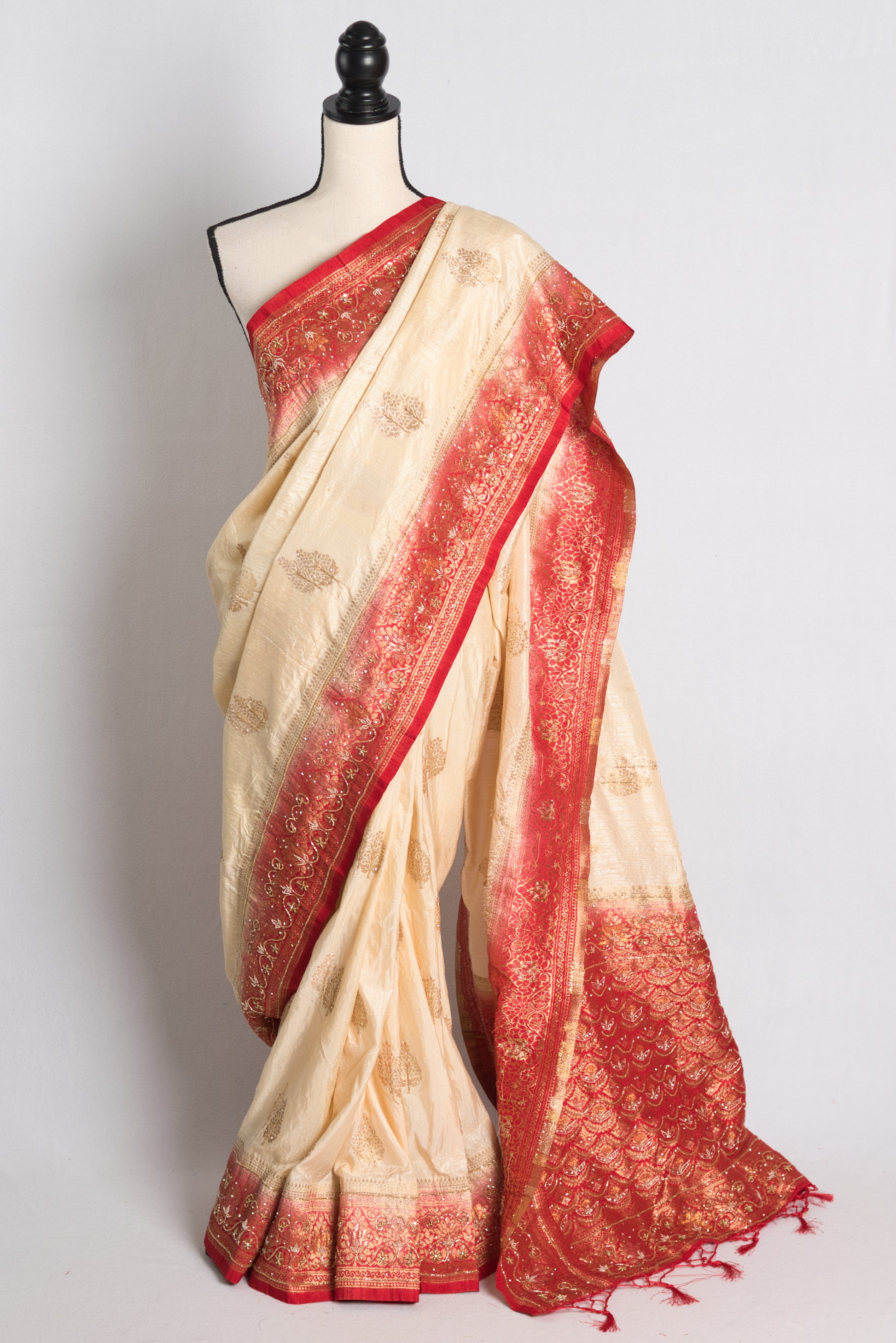 Semi Tussar Hand Embroidery Banarasi Saree in Beige and Red.