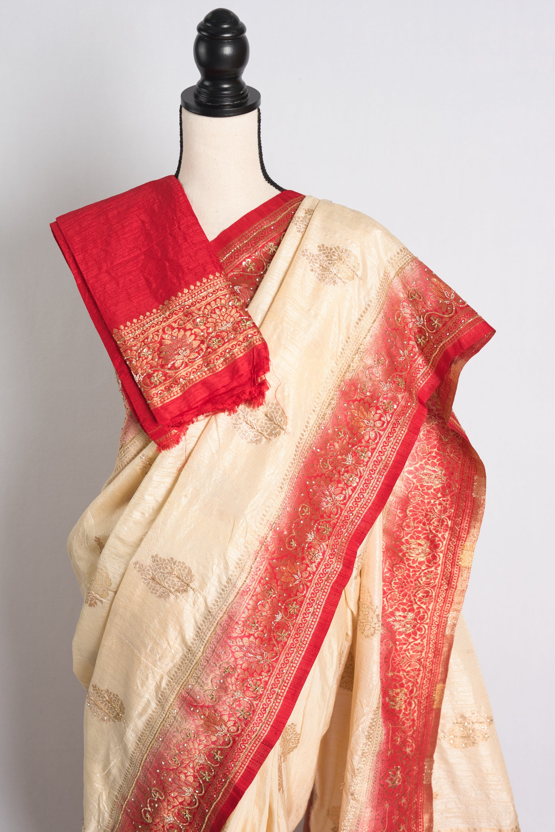 Semi Tussar Hand Embroidery Banarasi Saree in Beige and Red.