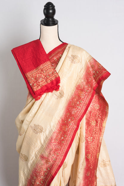 Semi Tussar Hand Embroidery Banarasi Saree in Beige and Red.