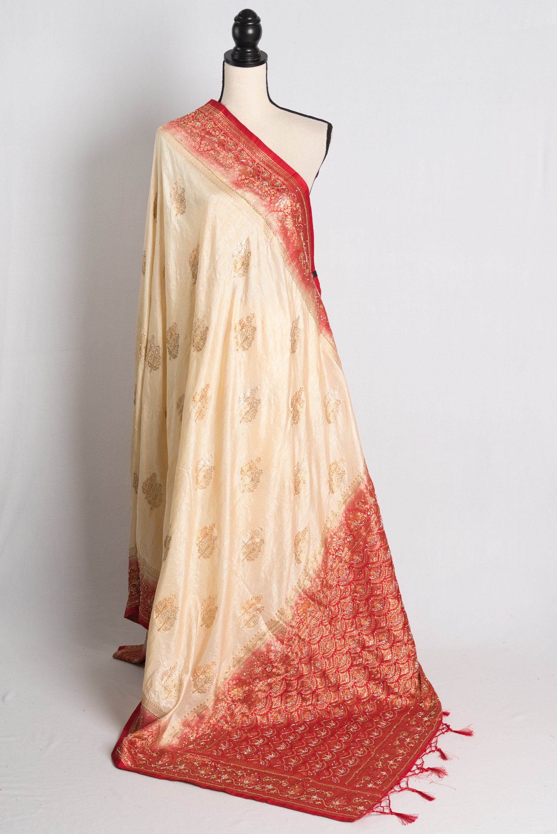 Semi Tussar Hand Embroidery Banarasi Saree in Beige and Red.