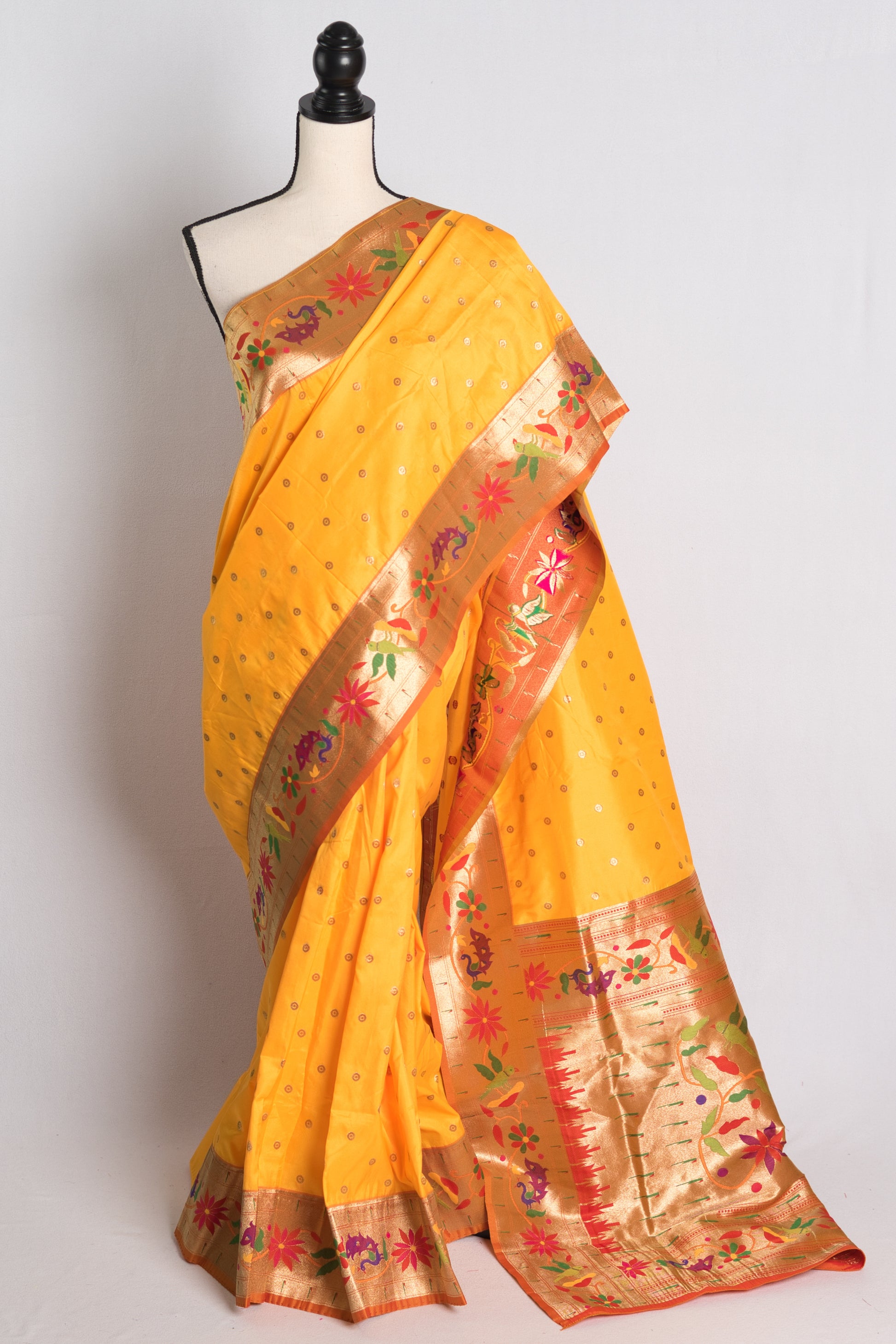 Blended Silk Dark Yellow Paithani Saree with Golden Border.