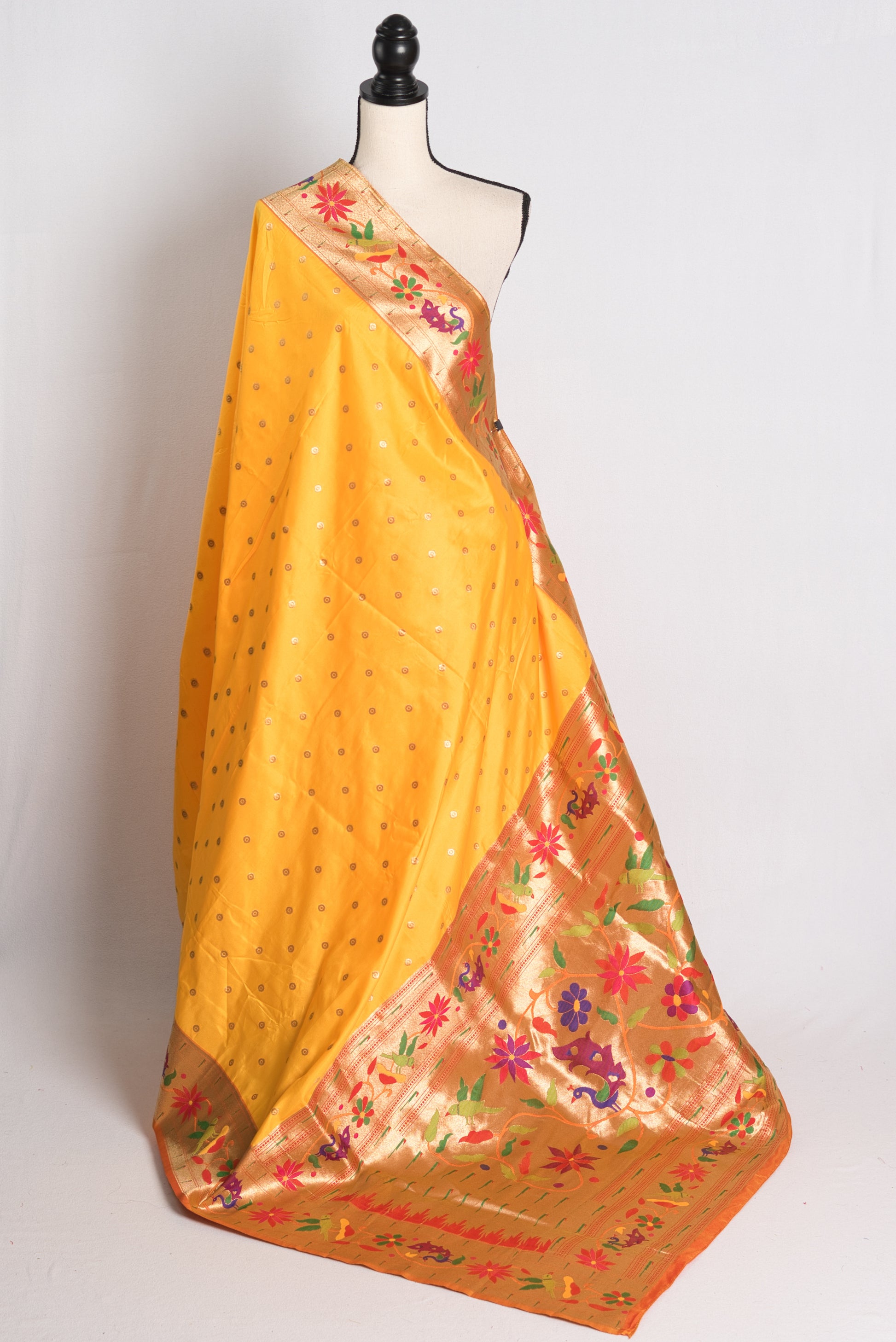 Blended Silk Dark Yellow Paithani Saree with Golden Border.