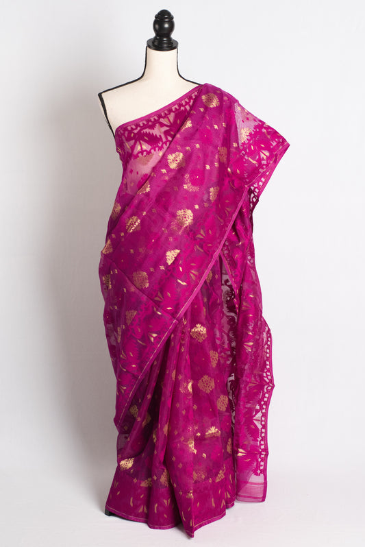 Soft Jamdani Saree in Purple and Gold - Bengali Saree Collection.