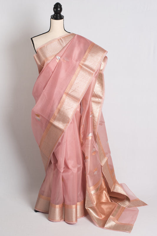 Silk Mark Certified Pink Kora Silk Banarasi Saree - Sona Rupa Collection.
