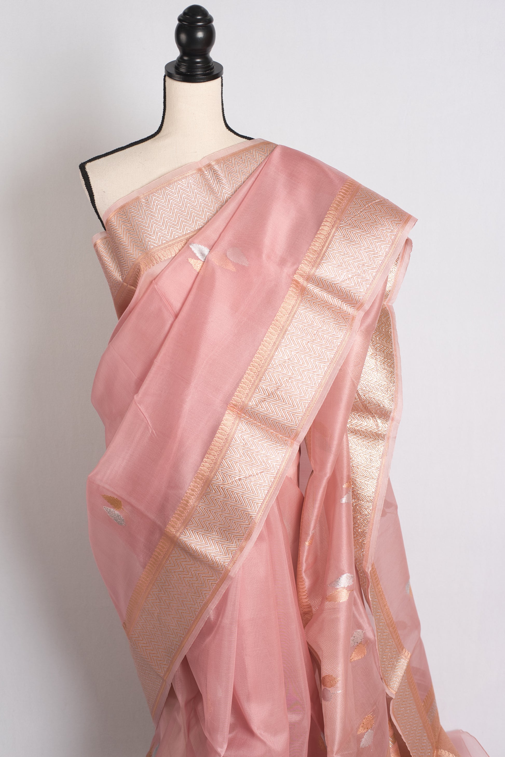 Silk Mark Certified Pink Kora Silk Banarasi Saree - Sona Rupa Collection.