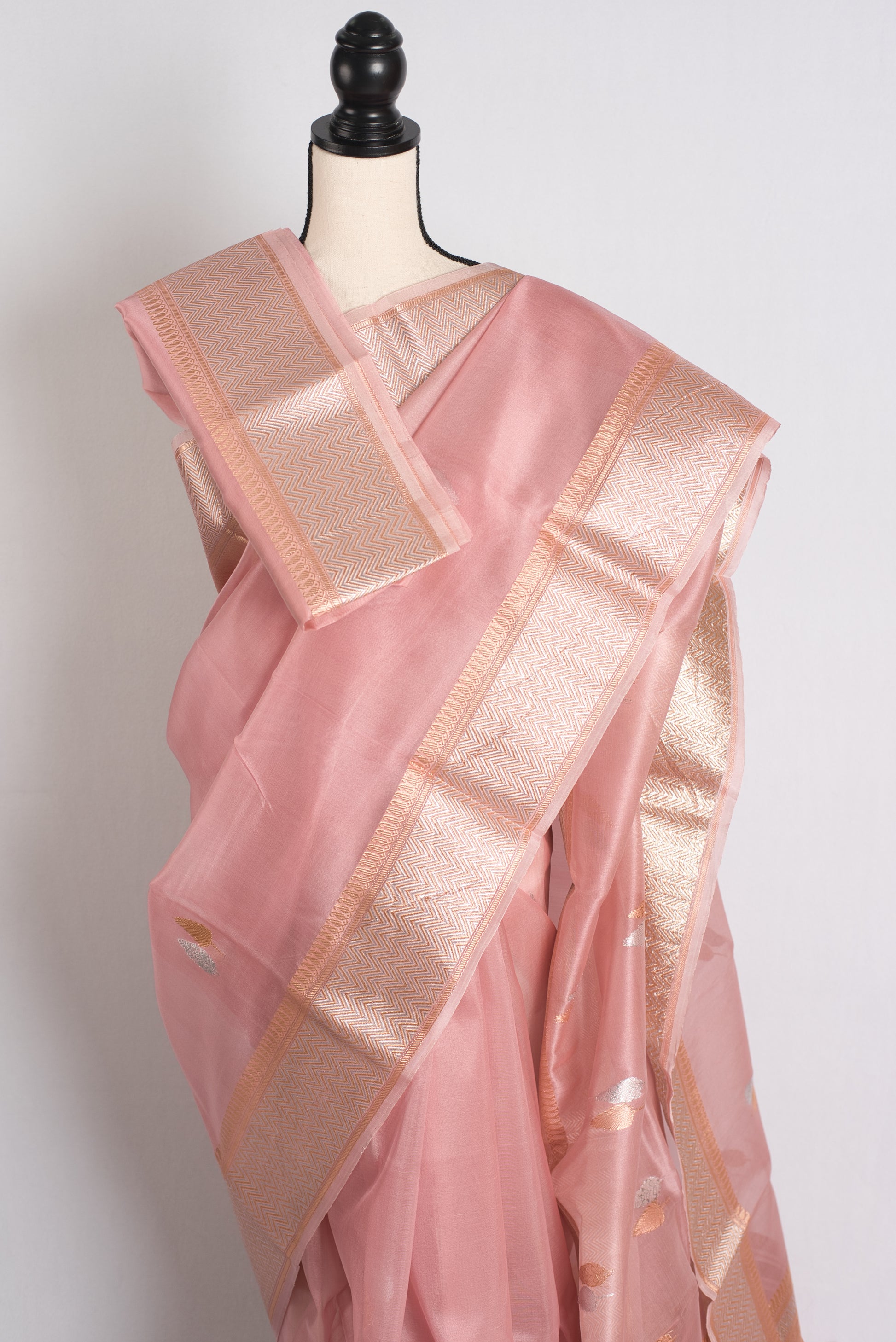 Silk Mark Certified Pink Kora Silk Banarasi Saree - Sona Rupa Collection.