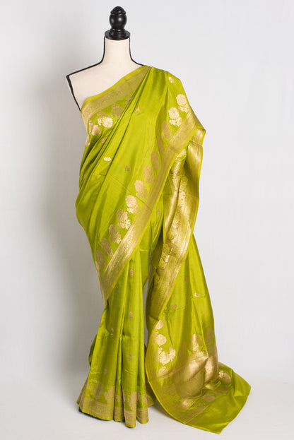 Silk Mark Certified Green Banarasi Saree with Golden Zari.