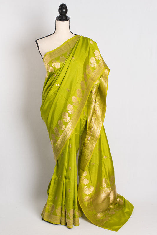 Silk Mark Certified Green Banarasi Saree with Golden Zari.