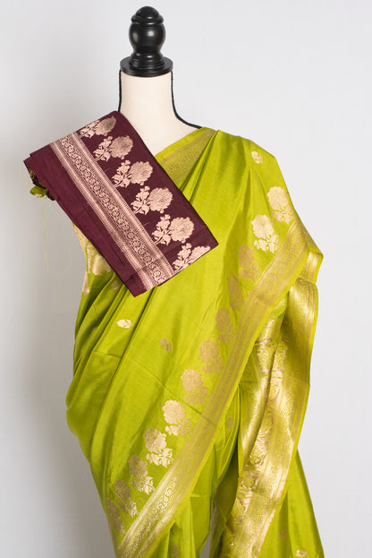 Silk Mark Certified Green Banarasi Saree with Golden Zari.