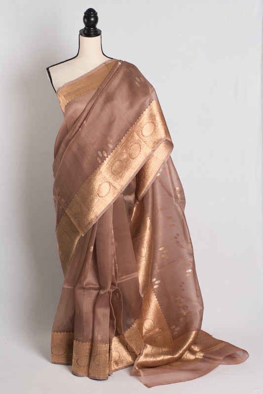 Kora Silk Banarasi Saree with 36 Size Stitched Blouse in Brown and Gold.