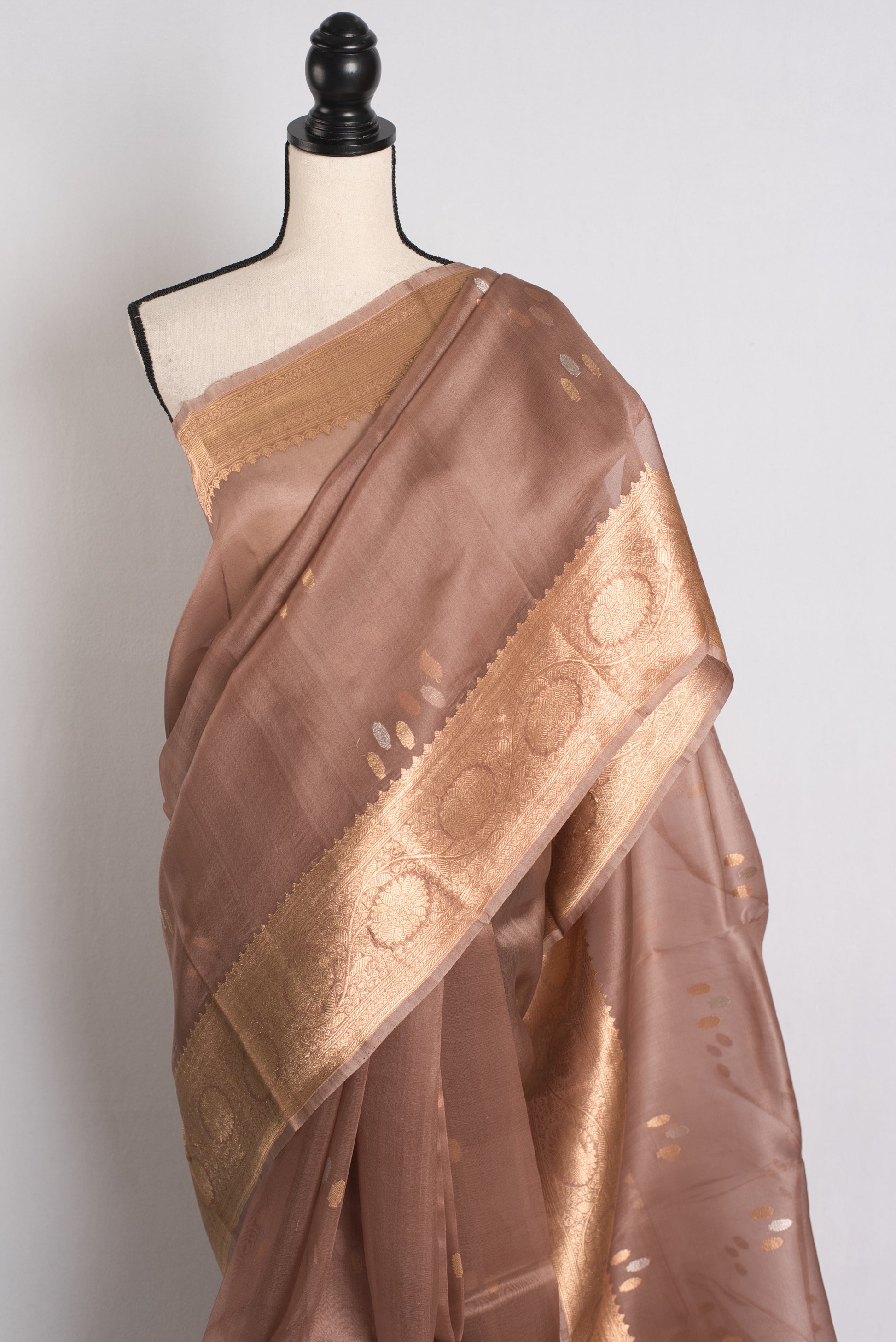 Kora Silk Banarasi Saree with 36 Size Stitched Blouse in Brown and Gold.