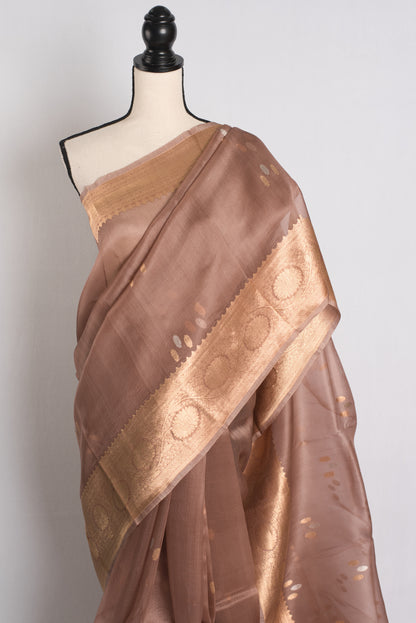 Kora Silk Banarasi Saree with 36 Size Stitched Blouse in Brown and Gold.