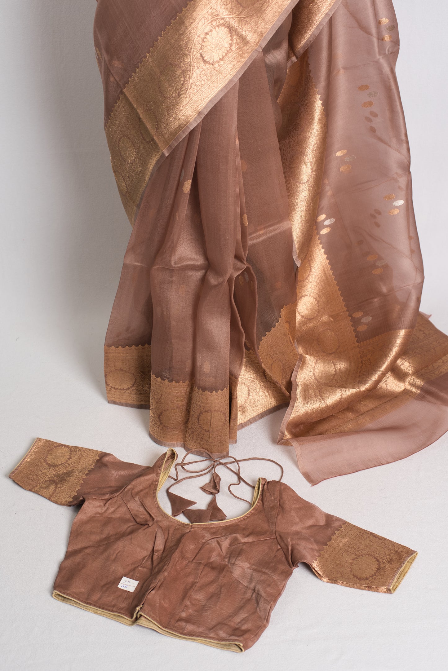 Kora Silk Banarasi Saree with 36 Size Stitched Blouse in Brown and Gold.