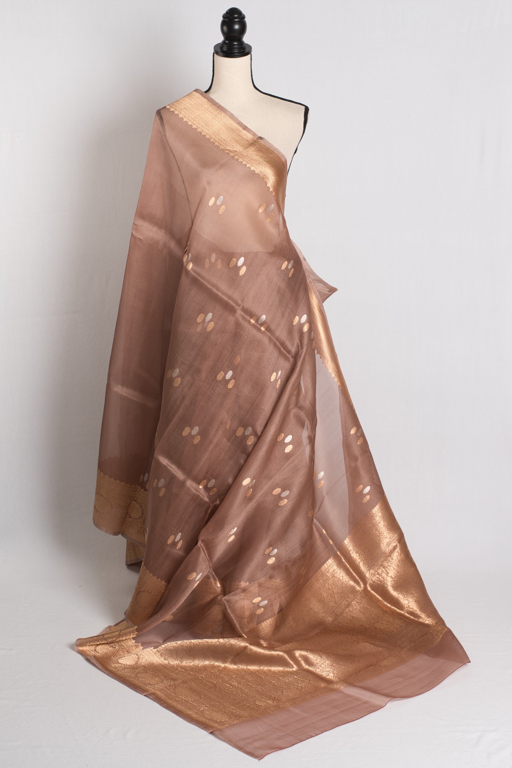 Kora Silk Banarasi Saree with 36 Size Stitched Blouse in Brown and Gold.