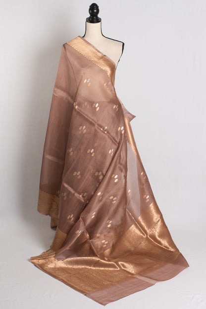 Kora Silk Banarasi Saree with 36 Size Stitched Blouse in Brown and Gold.