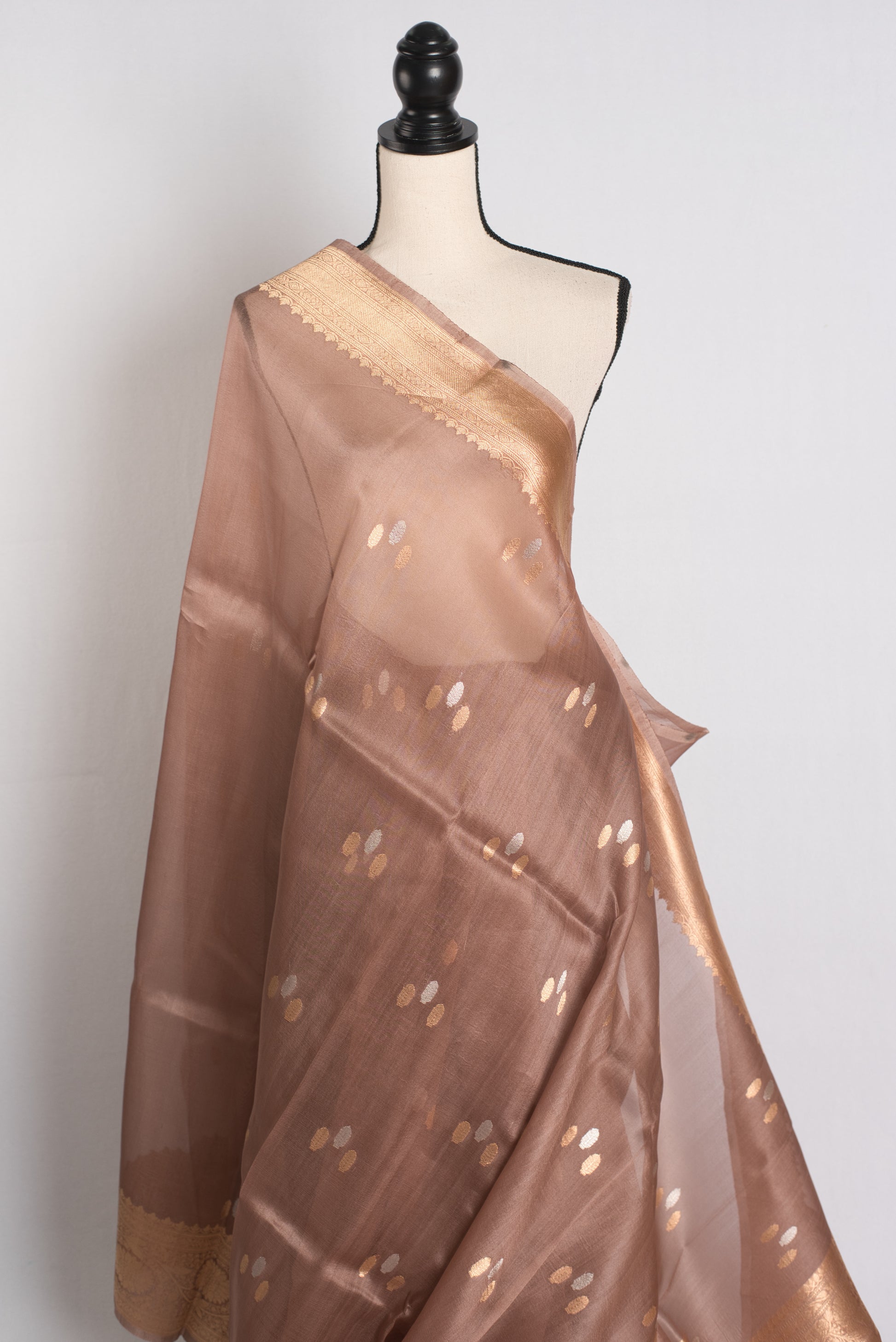 Kora Silk Banarasi Saree with 36 Size Stitched Blouse in Brown and Gold.