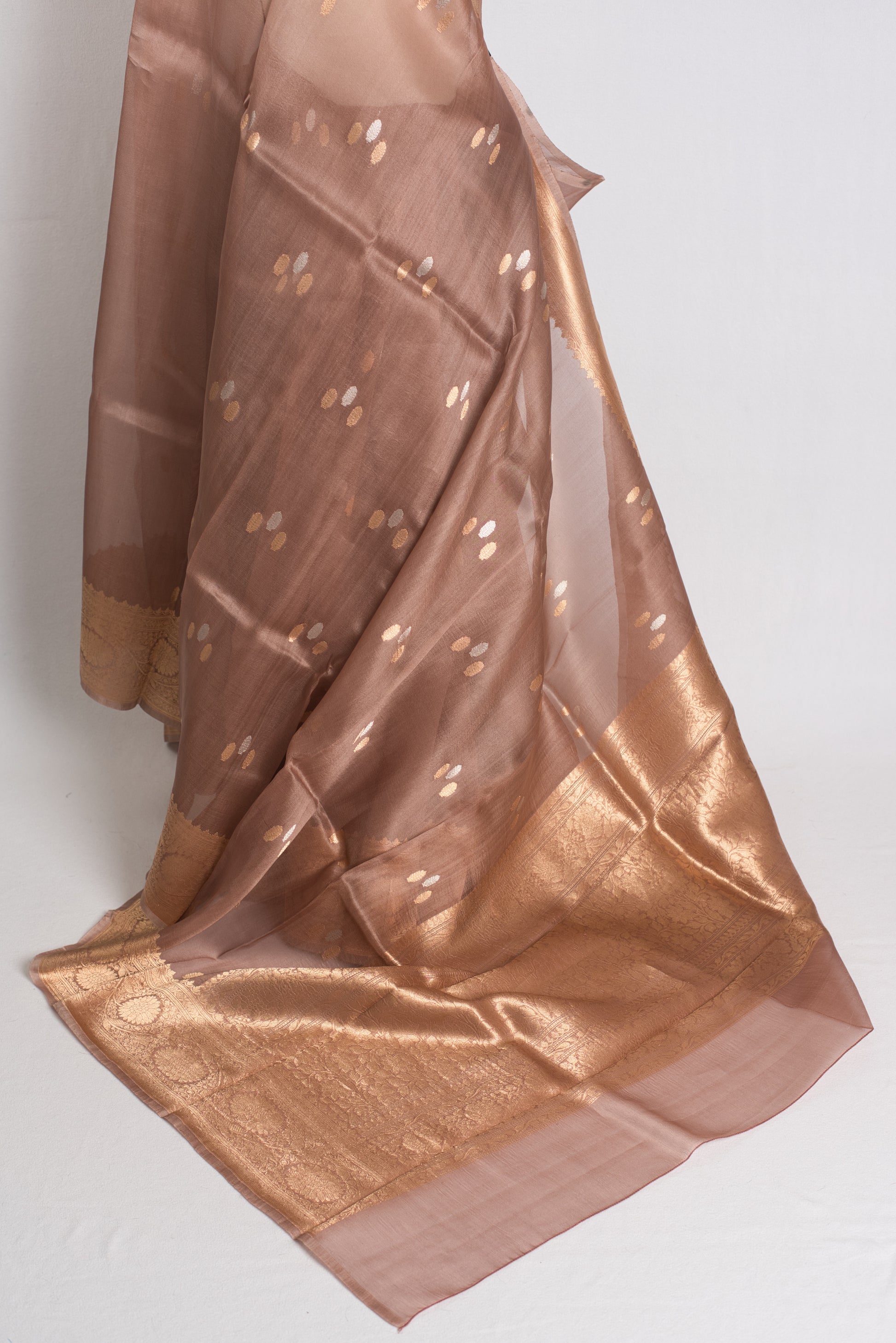 Kora Silk Banarasi Saree with 36 Size Stitched Blouse in Brown and Gold.