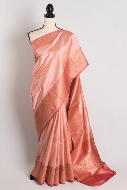 Indian Silk Banarasi Saree with 42 Size Stitched Blouse in Pastel Pink.