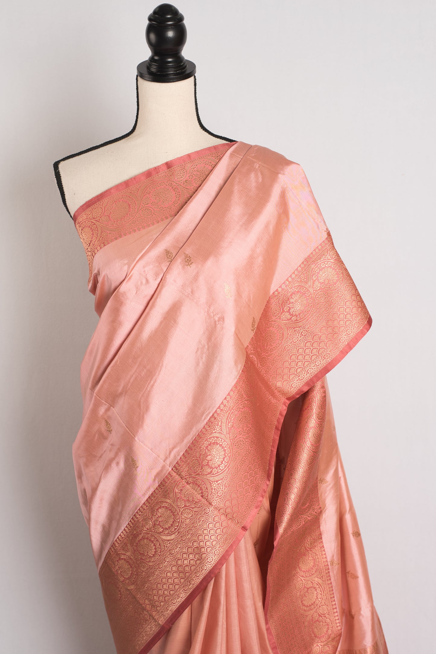 Indian Silk Banarasi Saree with 42 Size Stitched Blouse in Pastel Pink.