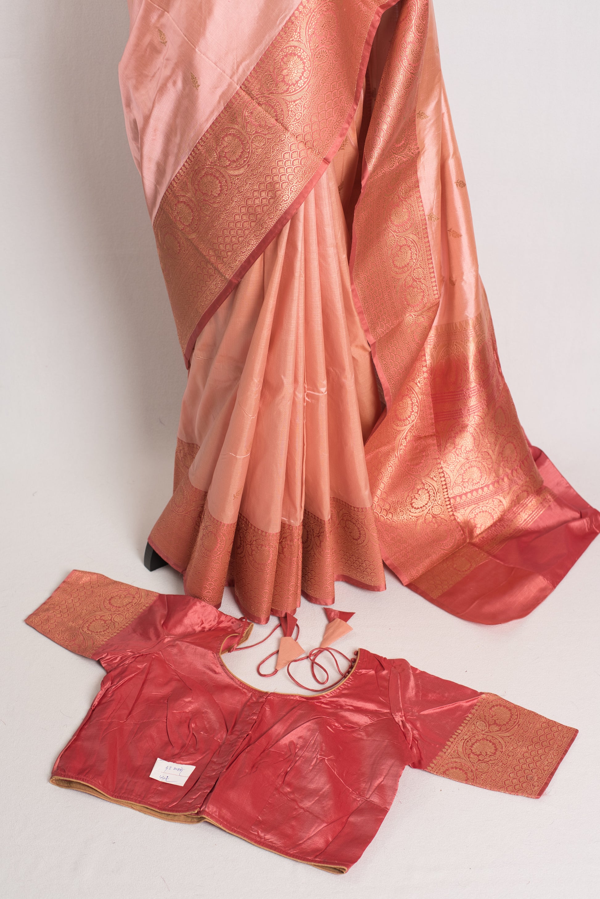Indian Silk Banarasi Saree with 42 Size Stitched Blouse in Pastel Pink.