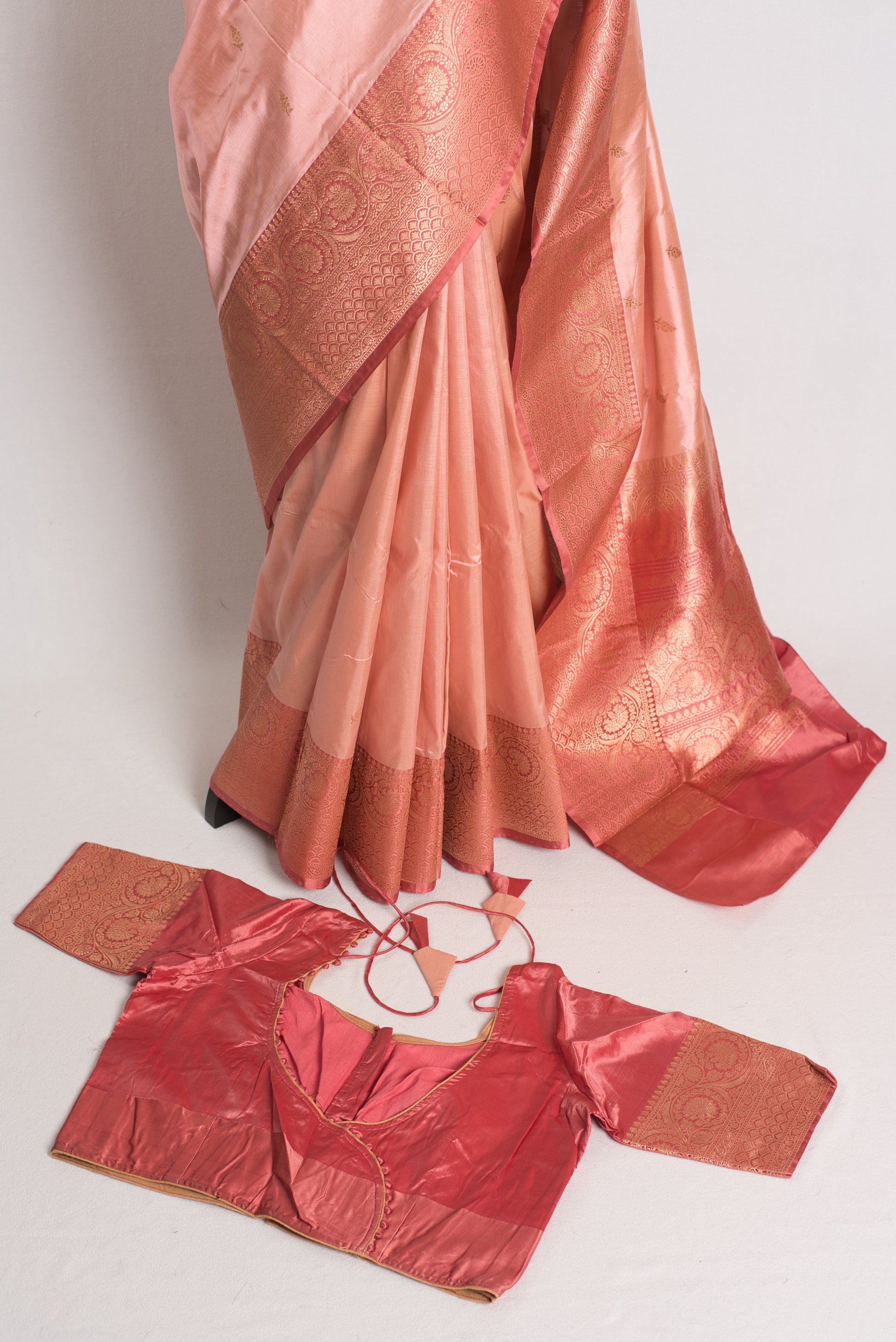 Indian Silk Banarasi Saree with 42 Size Stitched Blouse in Pastel Pink.